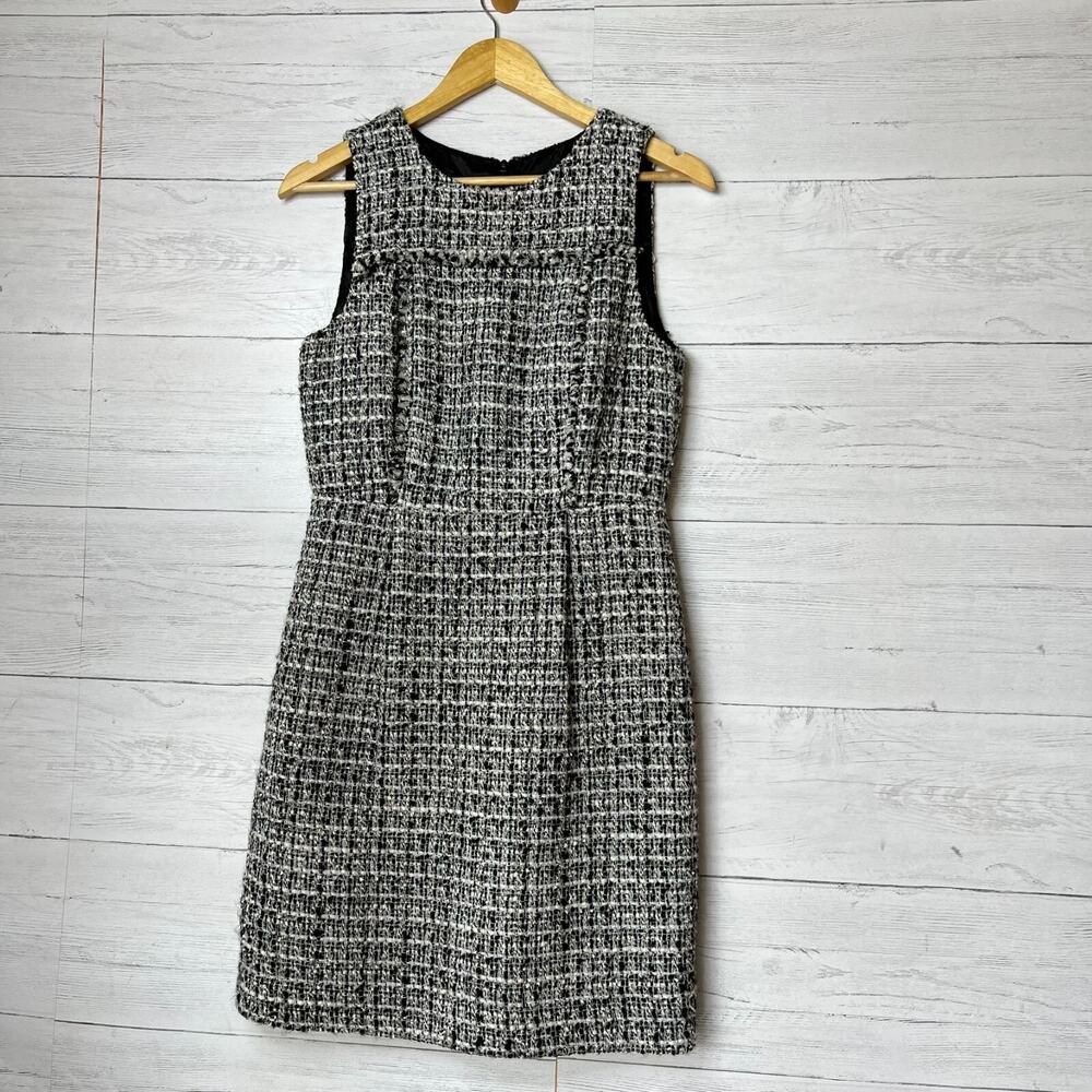 J Crew Dress Womens Size 6 Black & White Tweed Pleated Sheath Academia